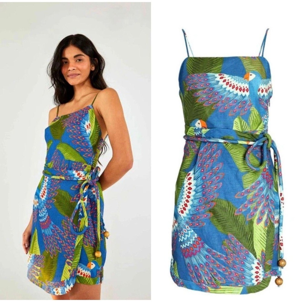 Farm Rio Macaw Print Mini Wrap Dress In Blue Multi Size Large NWT